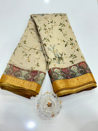 Chennuri silk style printed saree with traditional artwork border and unstitched blouse fabric for women