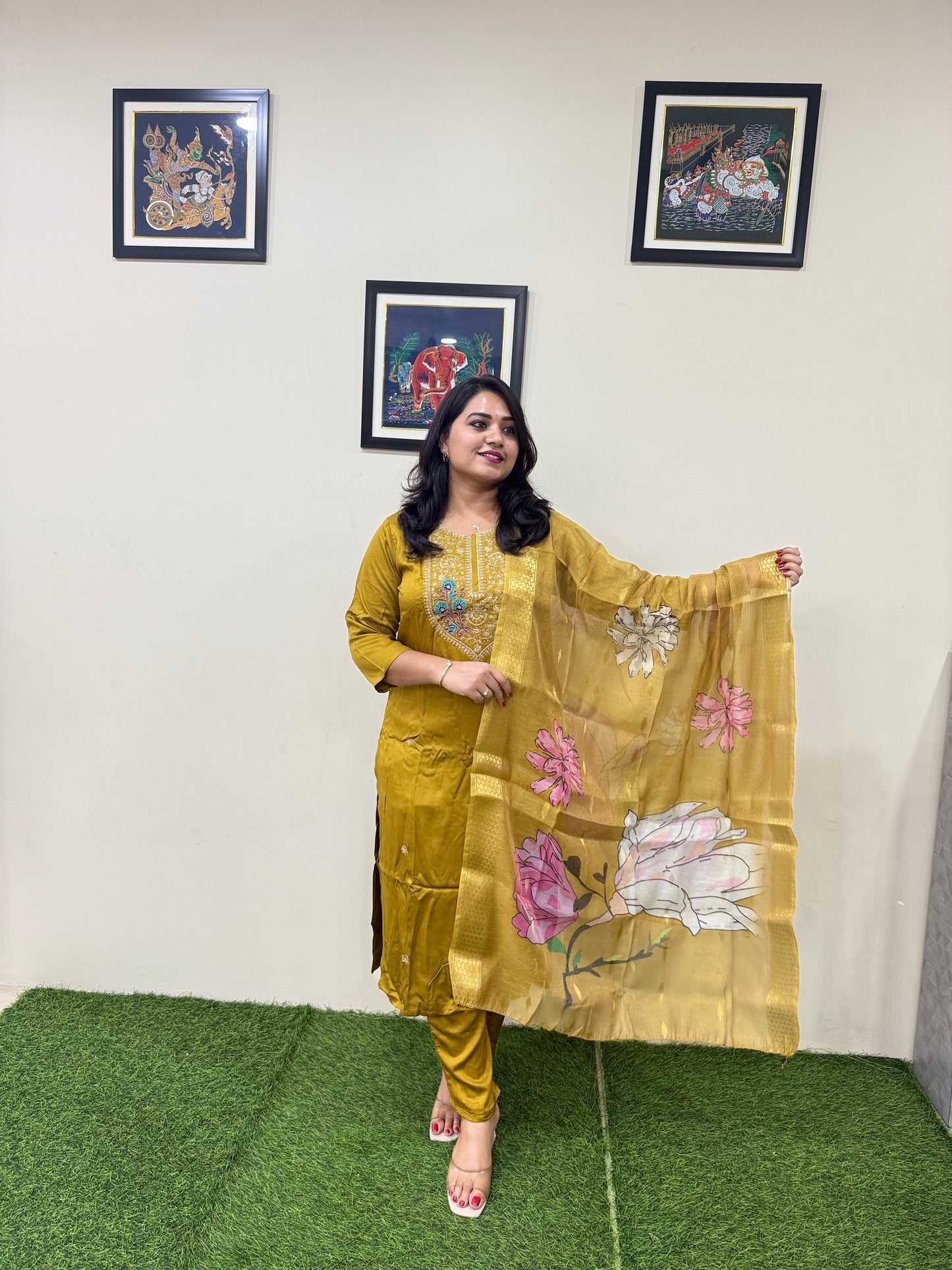 Gajji Silk Straight Suit Set with Embroidery and Organza Zari Dupatta for Women