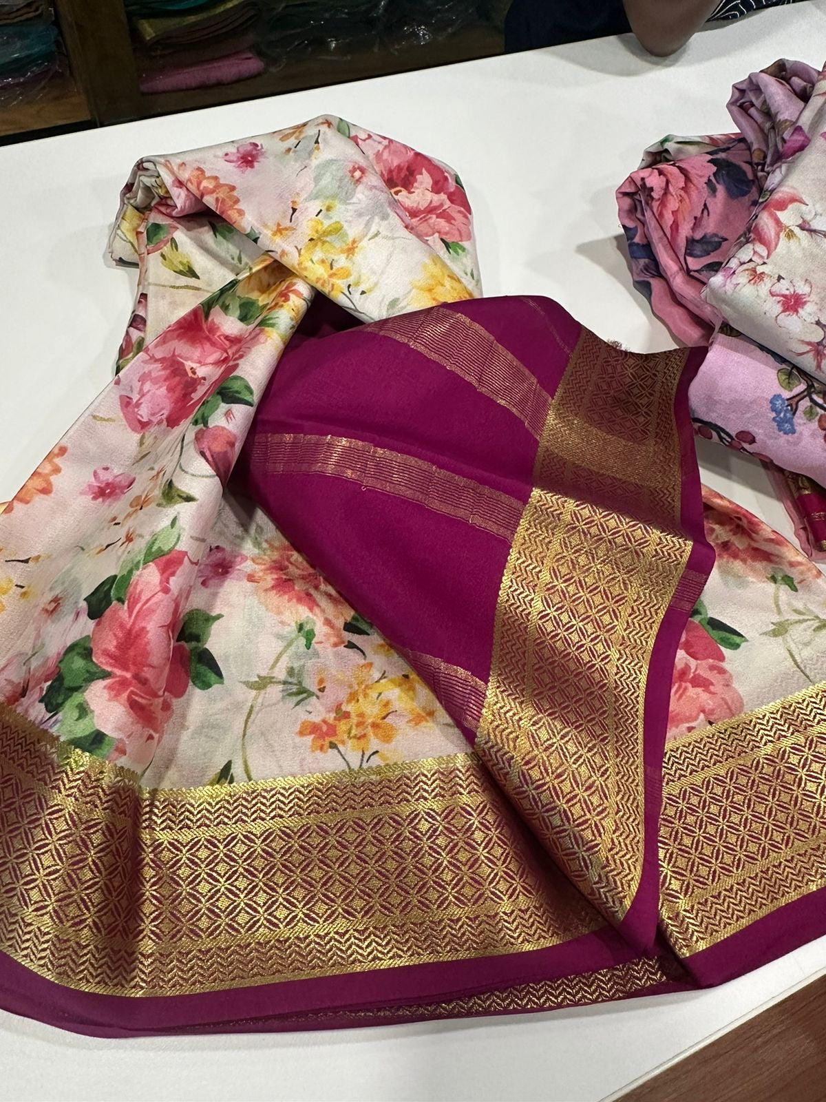 Pure Crepe Mysore Silk Saree for Women – 75 Gram, Digital Print, Contrast Blouse, Silk Mark Certified