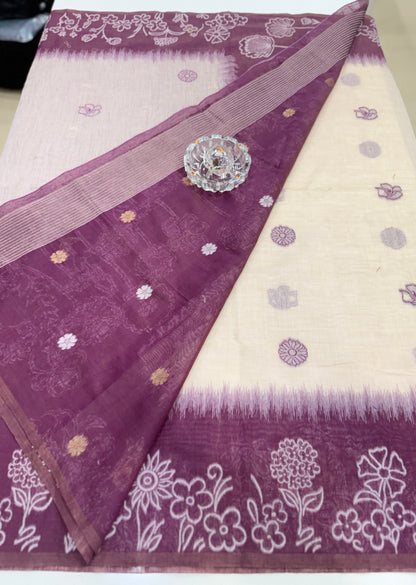 Munga cotton handloom weaving saree with woven floral border and tassel pallu for women
