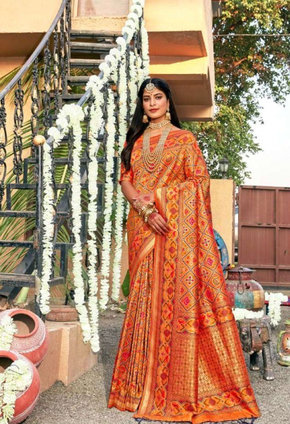 Orange Designer Silk Saree with Heavy Embroidery Work and Unstitched Blouse for Festive and Wedding Wear