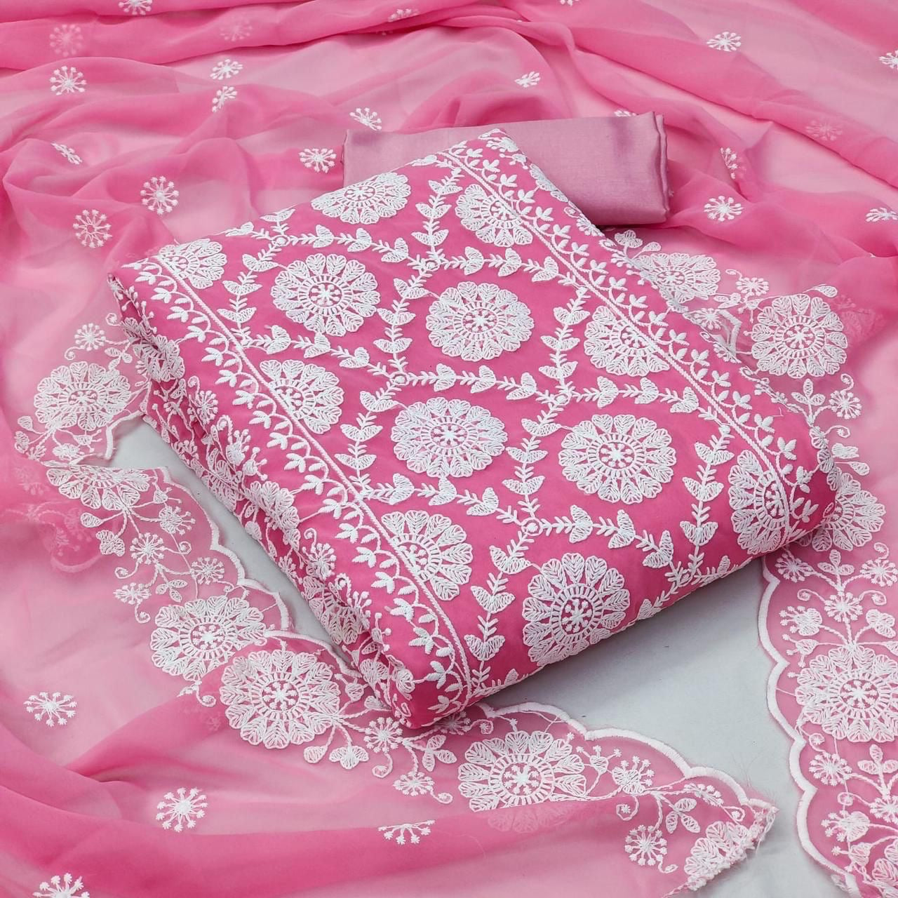 Unstitched Georgette Dress Material Set with Cotton Dhaga Work, Shantoon Bottom and Dupatta