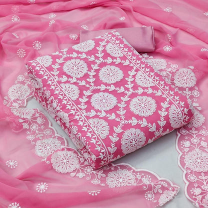 Unstitched Georgette Dress Material Set with Cotton Dhaga Work, Shantoon Bottom and Dupatta