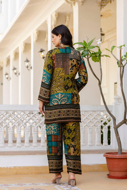 Pure Rayon Co-Ord Set with Floral Patch Digital Print, Kauri Buttons, and Flared Sleeves – Casual Fusion Wear for Women