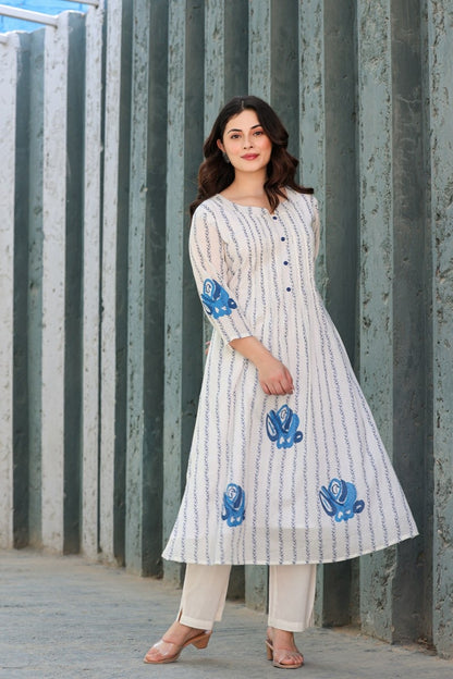 Striped Mul Cotton Kurta Pant Set for Women with Breathable Lining and Button Detailing
