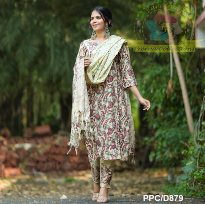 Silk Kalamkari Kurta Pant Dupatta Set for Women – Traditional Printed 3-Piece Set – Sizes 36 to 44