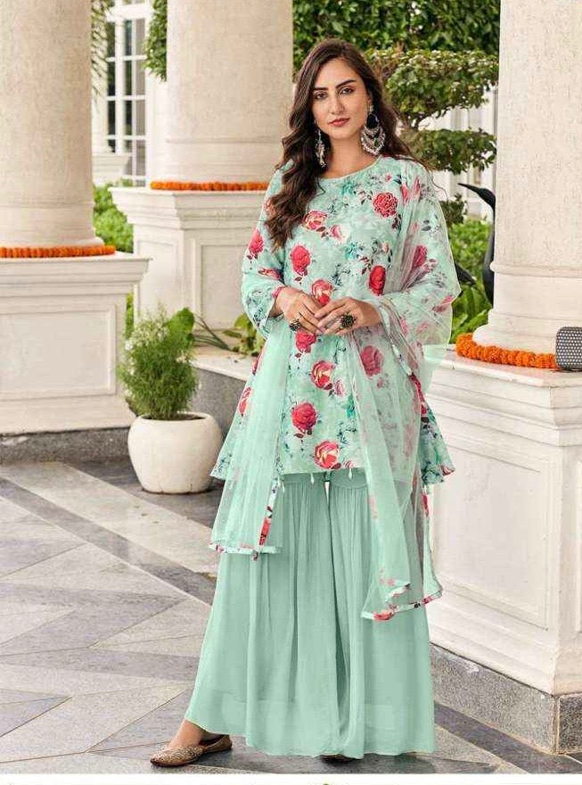 Handcrafted Cotton Kurta with Georgette Sharara and Viscose Net Dupatta Set for Women