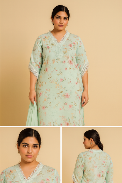 Linen Cotton Kurti Pant Set with Nazmin Dupatta and Lace Work – Plus Sizes Available