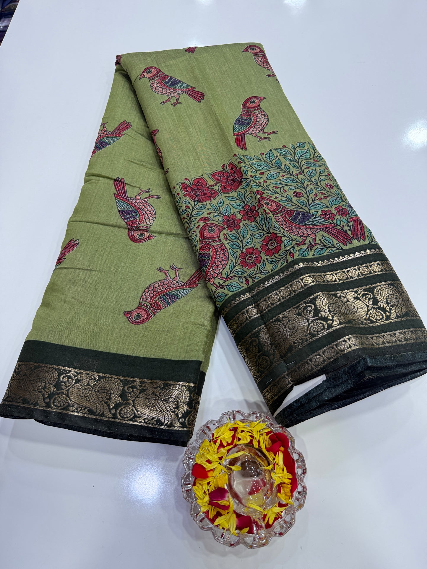 Venkatagiri style silk-blend printed saree with bird motifs and zari-style border, 6.3m women’s festive saree