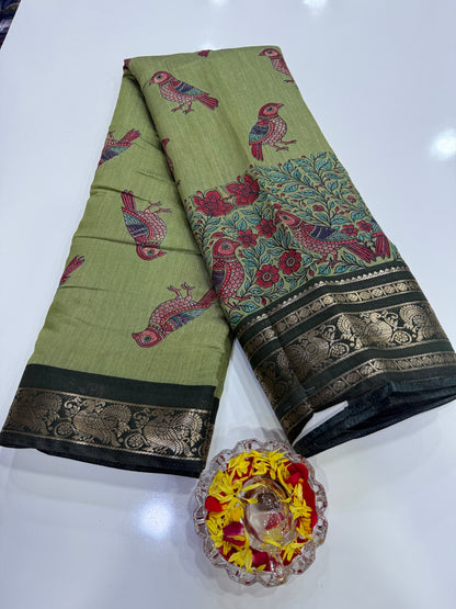 Venkatagiri style silk-blend printed saree with bird motifs and zari-style border, 6.3m women’s festive saree