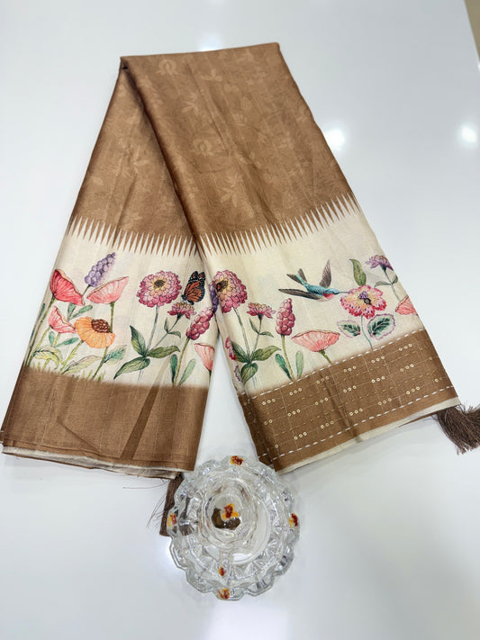 Tussar Fabric Saree with Katha Print Border, Mirror Work and Matching Blouse