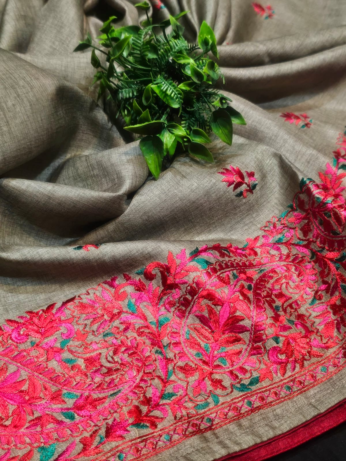 Semi Tussar Silk Saree with Heavy Kashmiri Embroidery and Contrast Red Blouse for Women