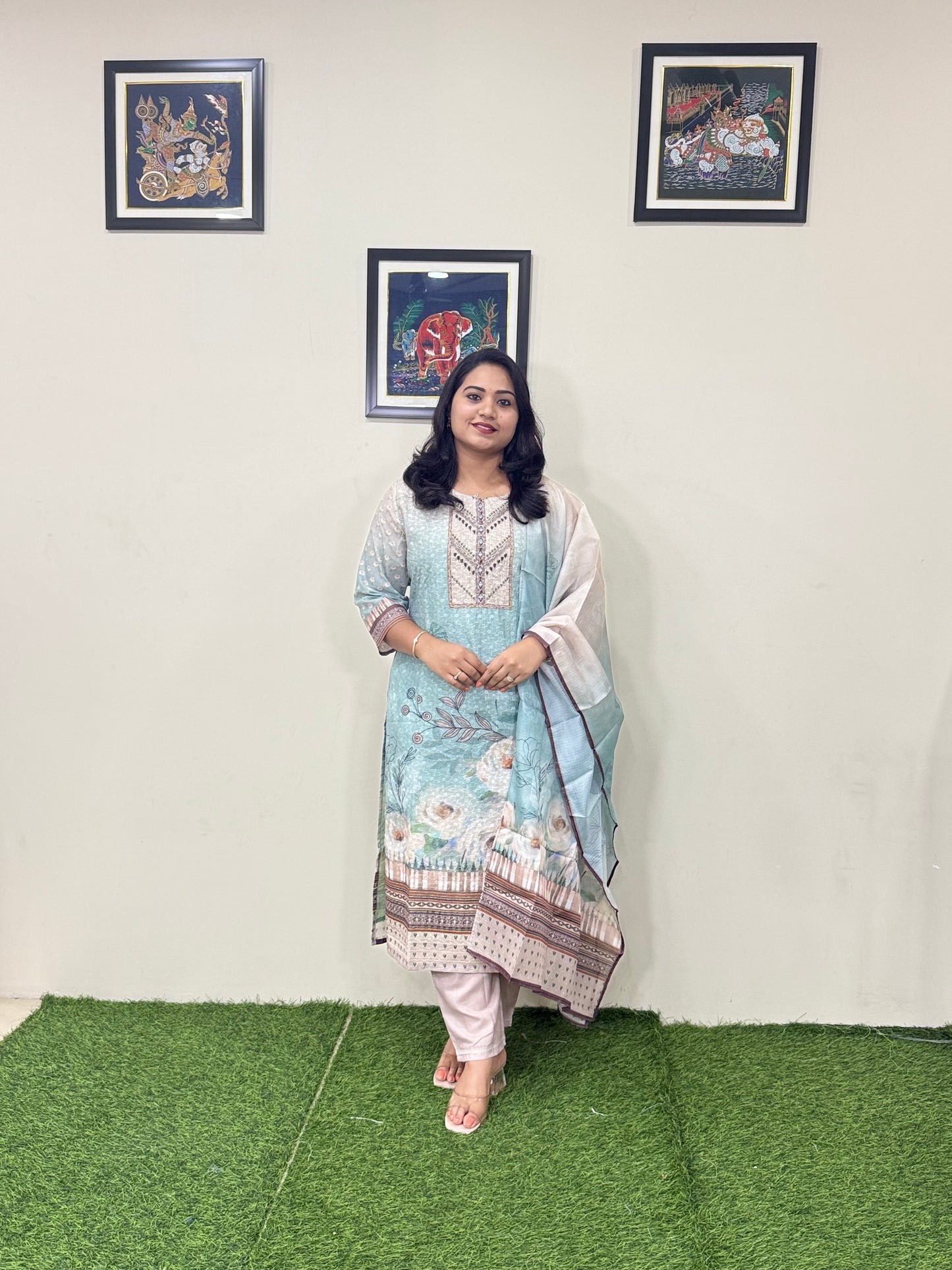 Cotton Schiffli Digital Print Suit Set with Muslin Dupatta and Khatli Handwork – L to 3XL