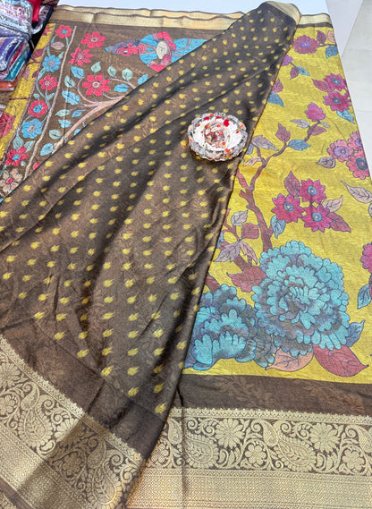 Silk blend printed saree with zari border and digital pallu print, 6.3m with running blouse, 6 color options