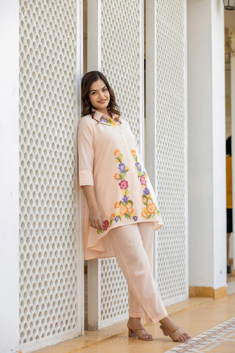 Cotton co-ord set for women with embroidered top and bottom – fully stitched ethnic casual wear