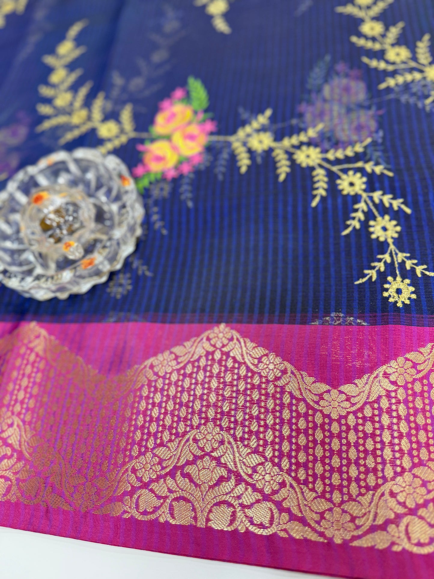 Banarasi kota silk saree with floral embroidery, contrast magenta zari border and matching blouse piece for women