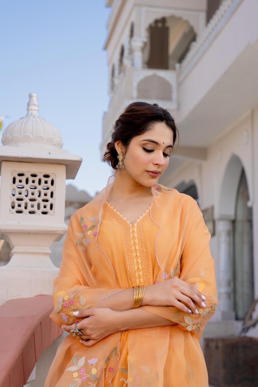 Mul Chanderi Kurta Pant Dupatta Set with Hand Embroidery and Work for Women