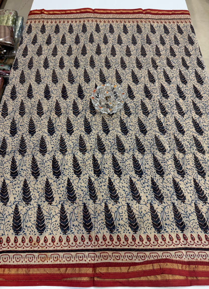 Pure Chanderi Silk Saree with Intricate Handblock Print and Blouse Piece – Traditional Wear for Women