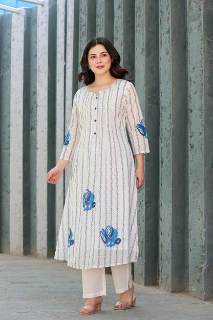 Striped Mul Cotton Kurta Pant Set for Women with Breathable Lining and Button Detailing