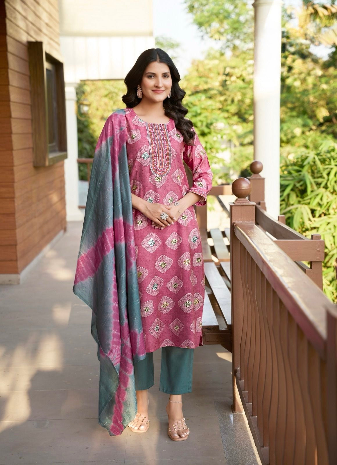 Roman Silk Modal Straight Suit Set with Foil Print, Embroidery and Chanderi Dupatta for Women