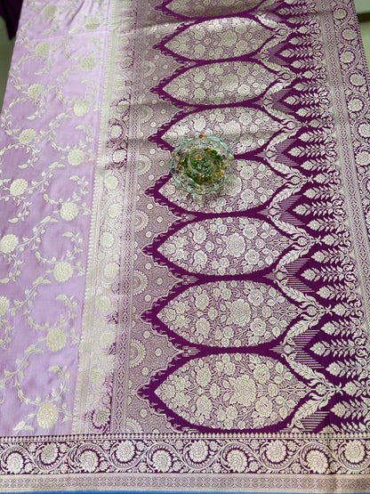 Banarasi Mashru Katan Silk Saree in Lavender and Wine with Contrast Blouse Piece – Women’s Festive Wear