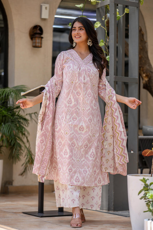 Sleeveless Cotton Kurta Pant Dupatta Set with Kota Doria Dupatta for Women