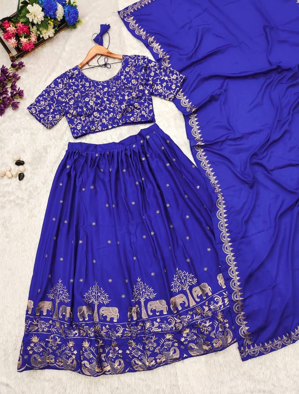 Blue and Pink Chinnon Lehenga Set with Elephant Embroidery – L to XXL Sizes