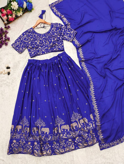 Blue and Pink Chinnon Lehenga Set with Elephant Embroidery – L to XXL Sizes