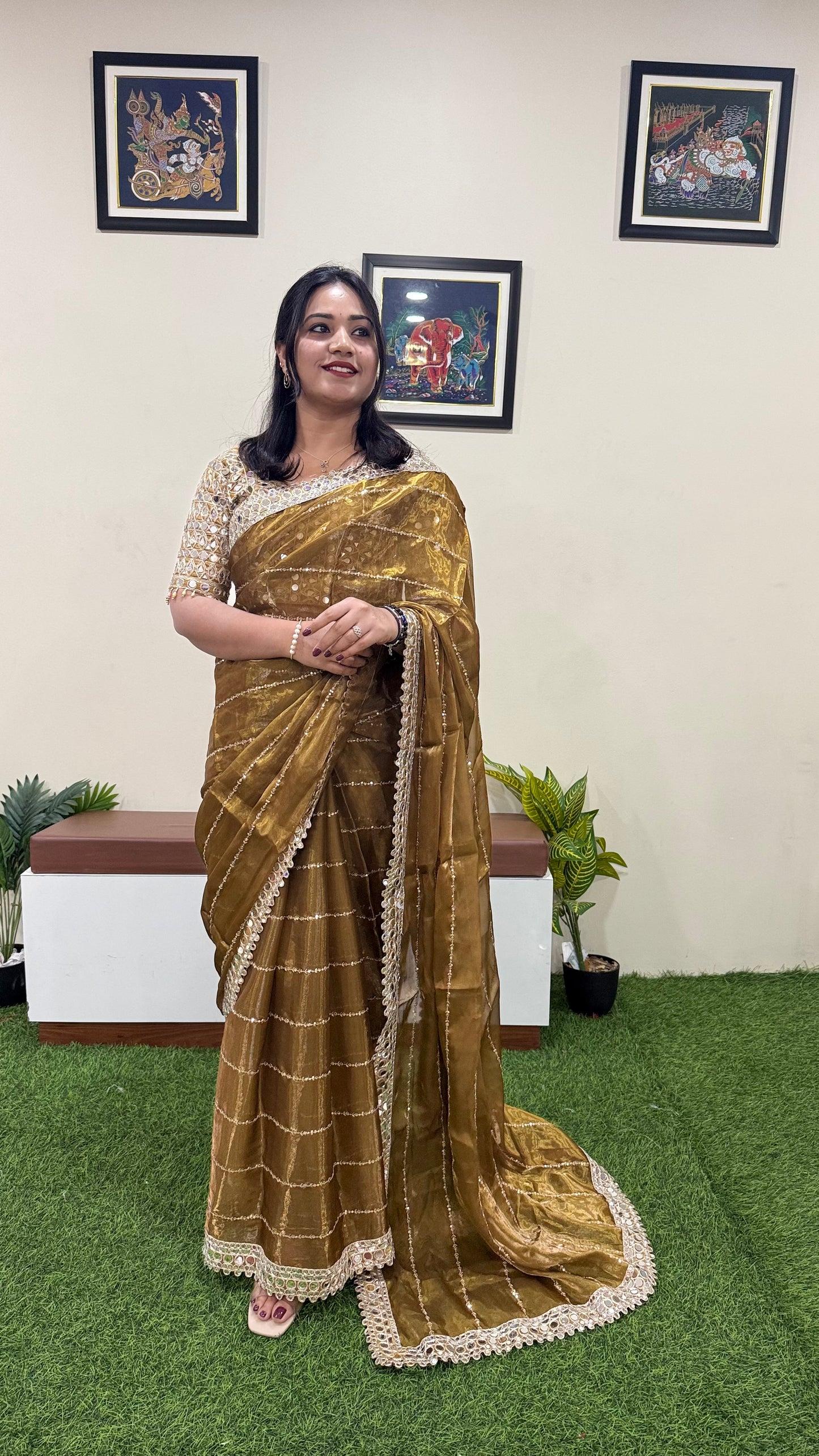 Soft Satin Organza Saree with Real Mirror Work Embroidery and Stitched Blouse – Festive Wear for Women