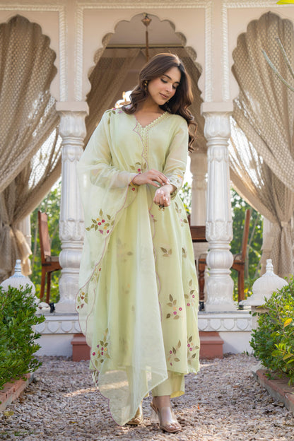 Mal Chanderi Anarkali Kurti Pant Set with Embroidery and Organza Scalloped Dupatta for Women