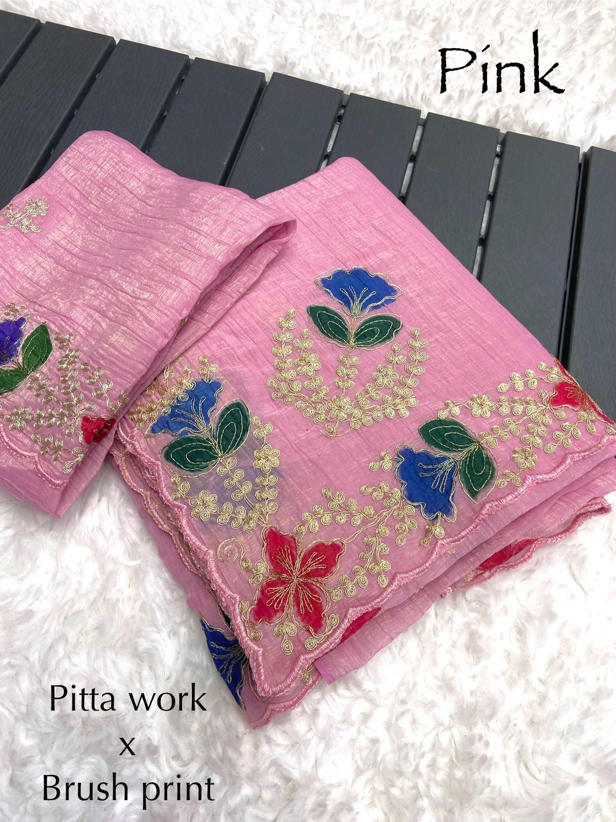 Soft Crunchy Fabric Saree with Pitta Work, Brush Print and Arco Border