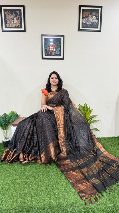 Mangalgiri Soft Semi Tussar Silk Saree with Check Pattern and Blouse Piece for Women – Lightweight Drape