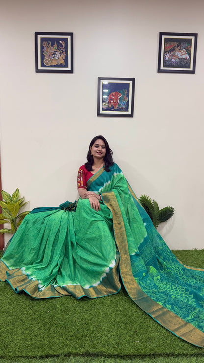 Chennuri Pure Silk Saree with Outline Kalamkari Design and Traditional Kanchi Borders