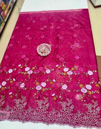 Kora Banarasi Saree with Floral Embroidery and Woven Border – Lightweight Festive Wear