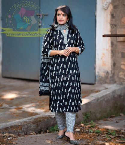 Pure Cotton Ikkat Kurti Pant Dupatta Set for Women – Handloom-Inspired 3-Piece Ethnic Wear – Sizes 38 4244