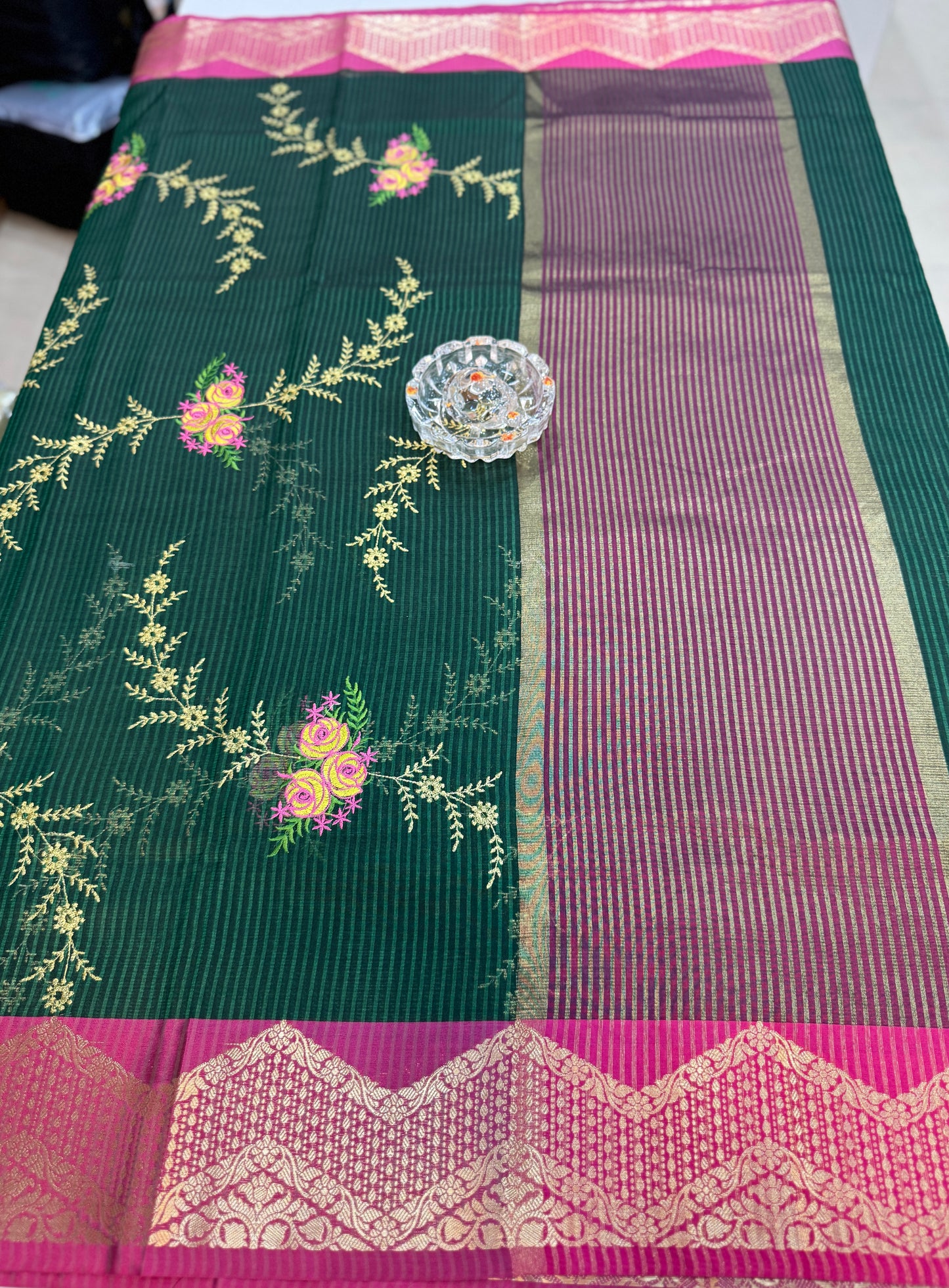 Banarasi kota silk saree with floral embroidery, contrast magenta zari border and matching blouse piece for women