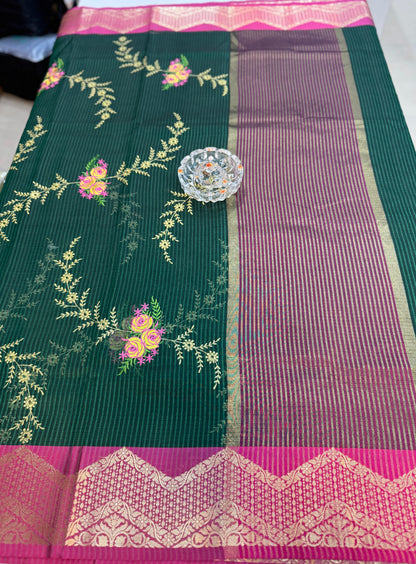 Banarasi kota silk saree with floral embroidery, contrast magenta zari border and matching blouse piece for women
