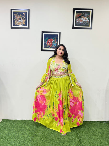 Faux Georgette Designer Lehenga Set with Mirror Work, Zari Detailing and Cowrie Shell Jacket