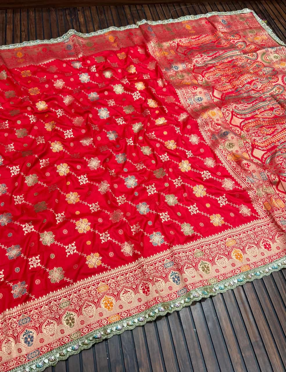 Masharu Silk Saree with Lakhnavi Meena Jacquard Weaving and Contrast Embroidered Blouse