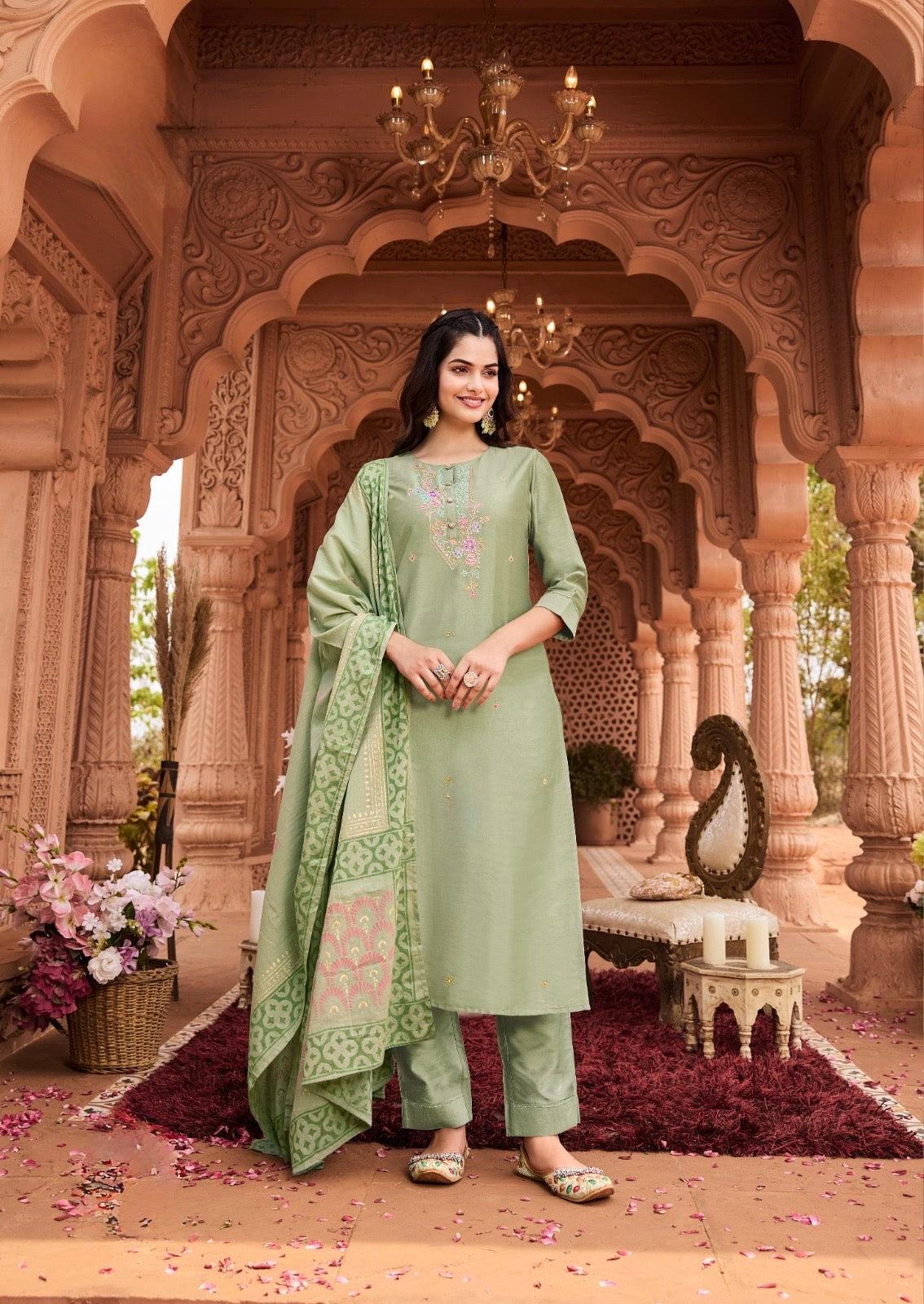 Viscose Nylon Kurti with Pant & Chanderi Block Print Dupatta – Aari Work – Sizes 2XL to 5XL