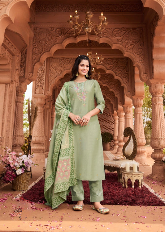 Viscose Nylon Kurti with Pant & Chanderi Block Print Dupatta – Aari Work – Sizes 2XL to 5XL