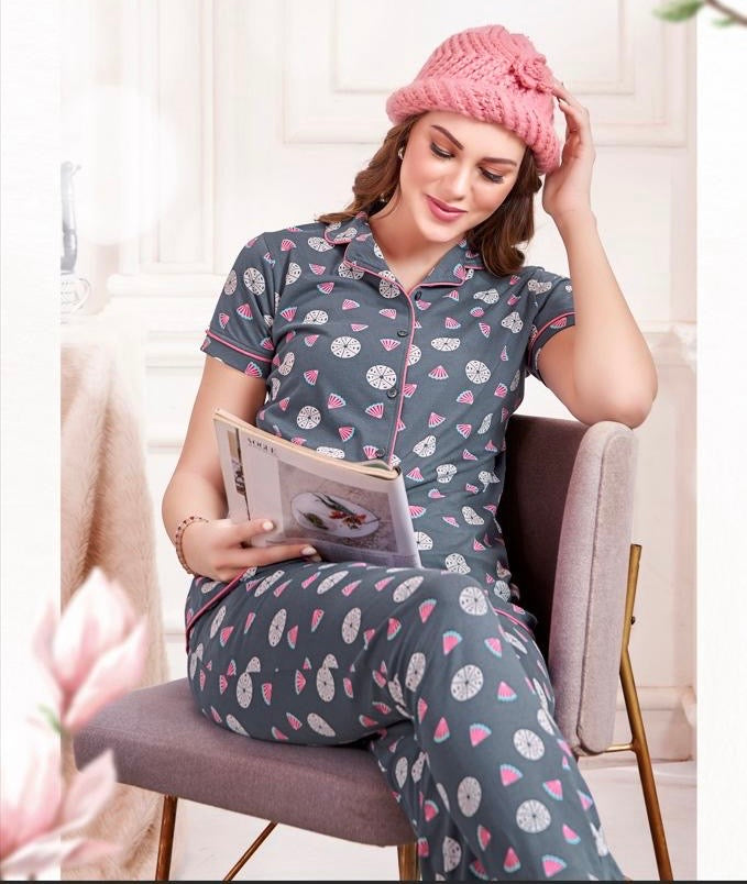 Printed Sinker Fabric Collar Night Suit Set – Women’s Loungewear & Nightwear (M to 2XL)