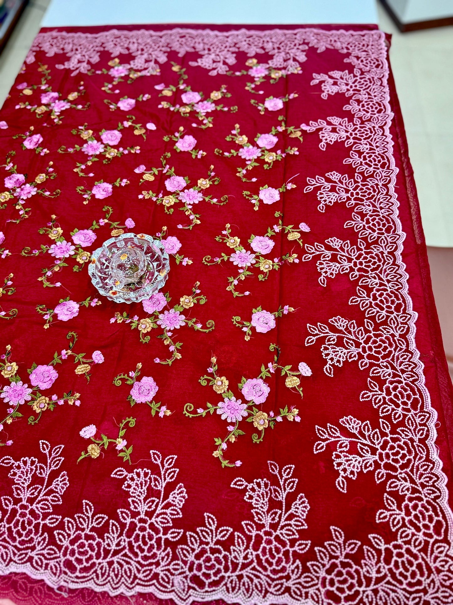 Kora Banarasi Saree with Floral Embroidery and Woven Border – Lightweight Festive Wear