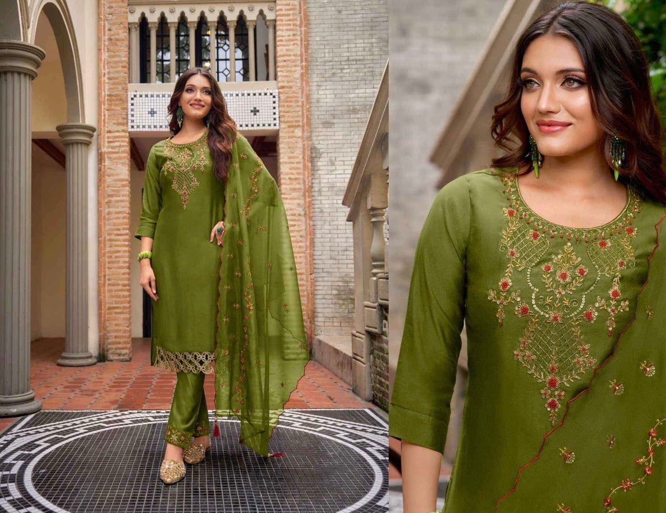 Milan Silk Handworked Kurta Pant Dupatta Set with Embroidered Organza Dupatta – Sizes M to XXL