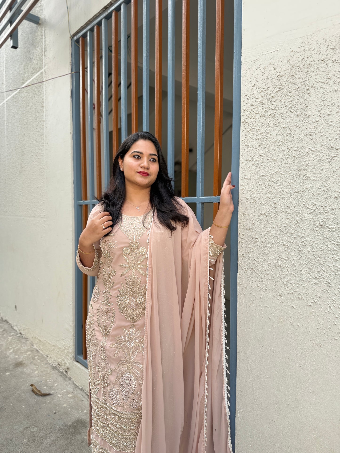 Women’s premium georgette embroidered stitched suit set with beads work and palazzo (XL)