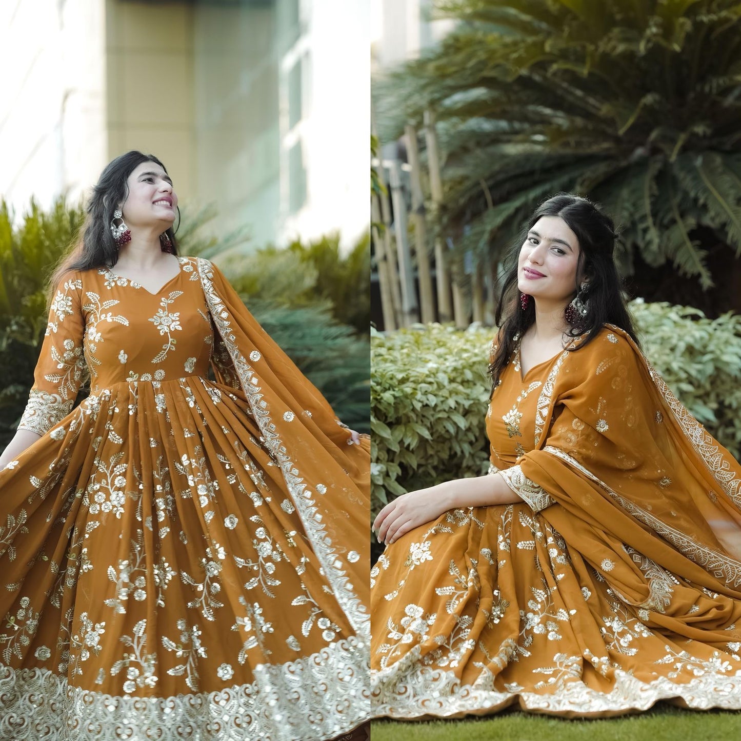 Faux Georgette Anarkali Suit with Sequins Embroidery, Cotton Pants and Dupatta for Women