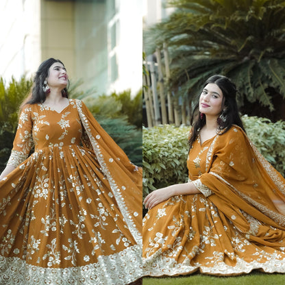 Faux Georgette Anarkali Suit with Sequins Embroidery, Cotton Pants and Dupatta for Women
