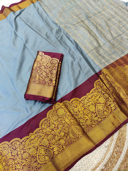 Kanjivaram Narayanpeth Silk Saree with Mor Designer Border and Contrast Pallu – With Blouse Piece