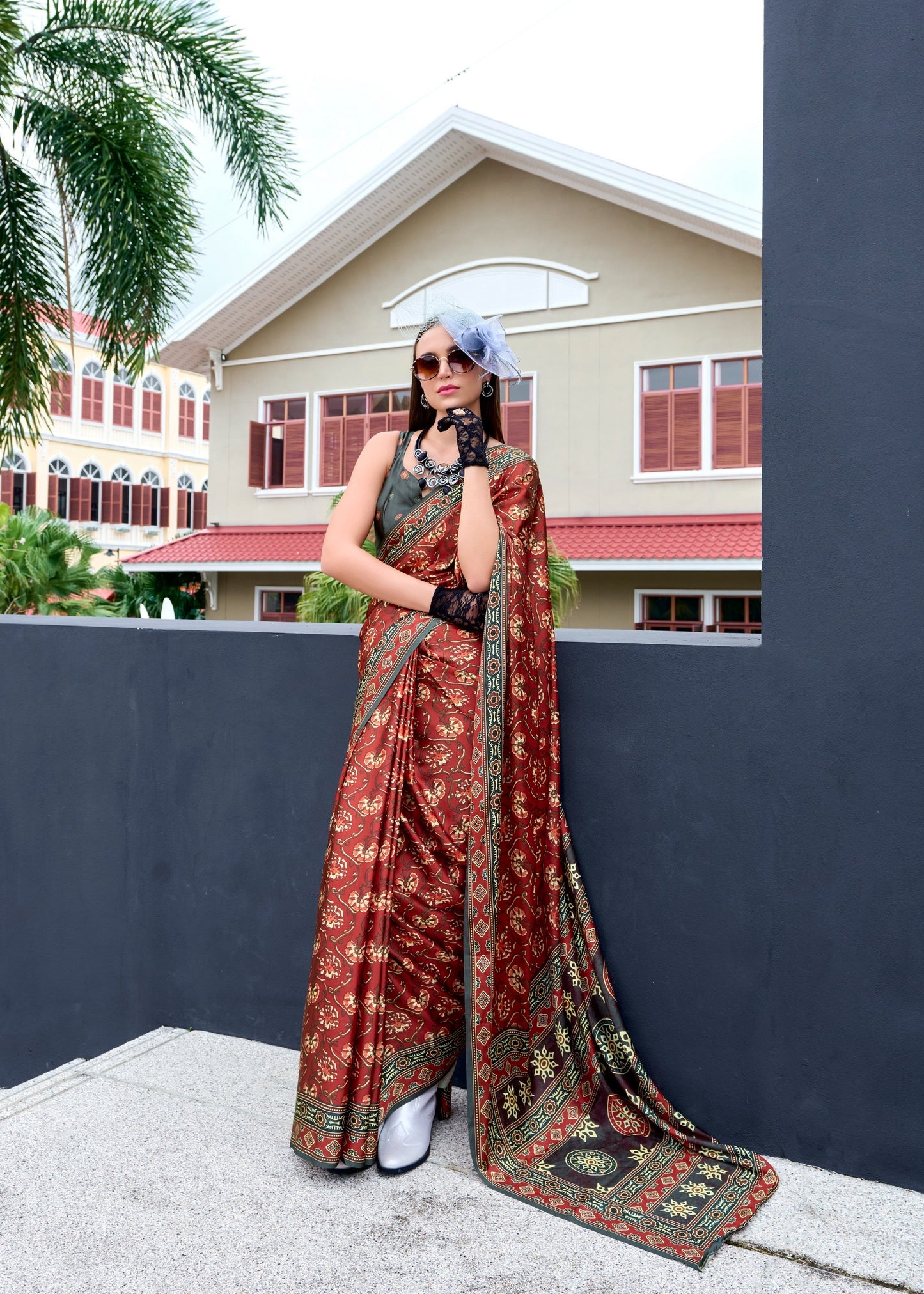 Pure Satin Silk Saree with Ajrakh Print – Festival and Traditional Wear Saree for Women