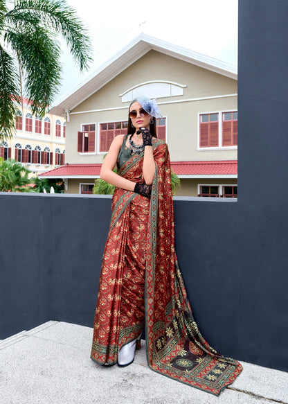 Pure Satin Silk Saree with Ajrakh Print – Festival and Traditional Wear Saree for Women